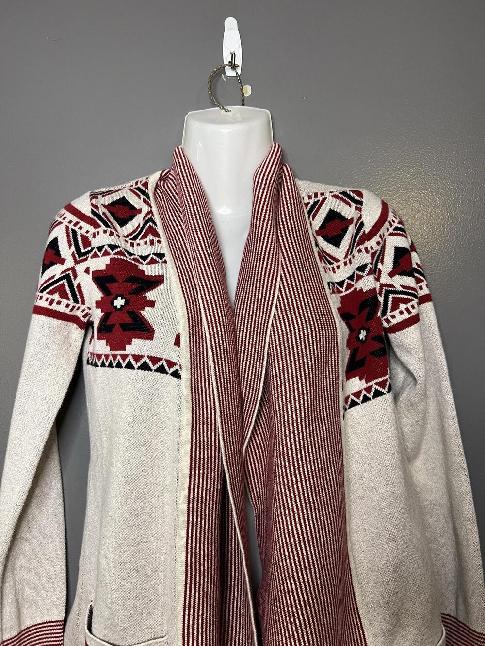 Between Me & You Cardigan Sweater Womens Small White Red Aztec Knit Open Front